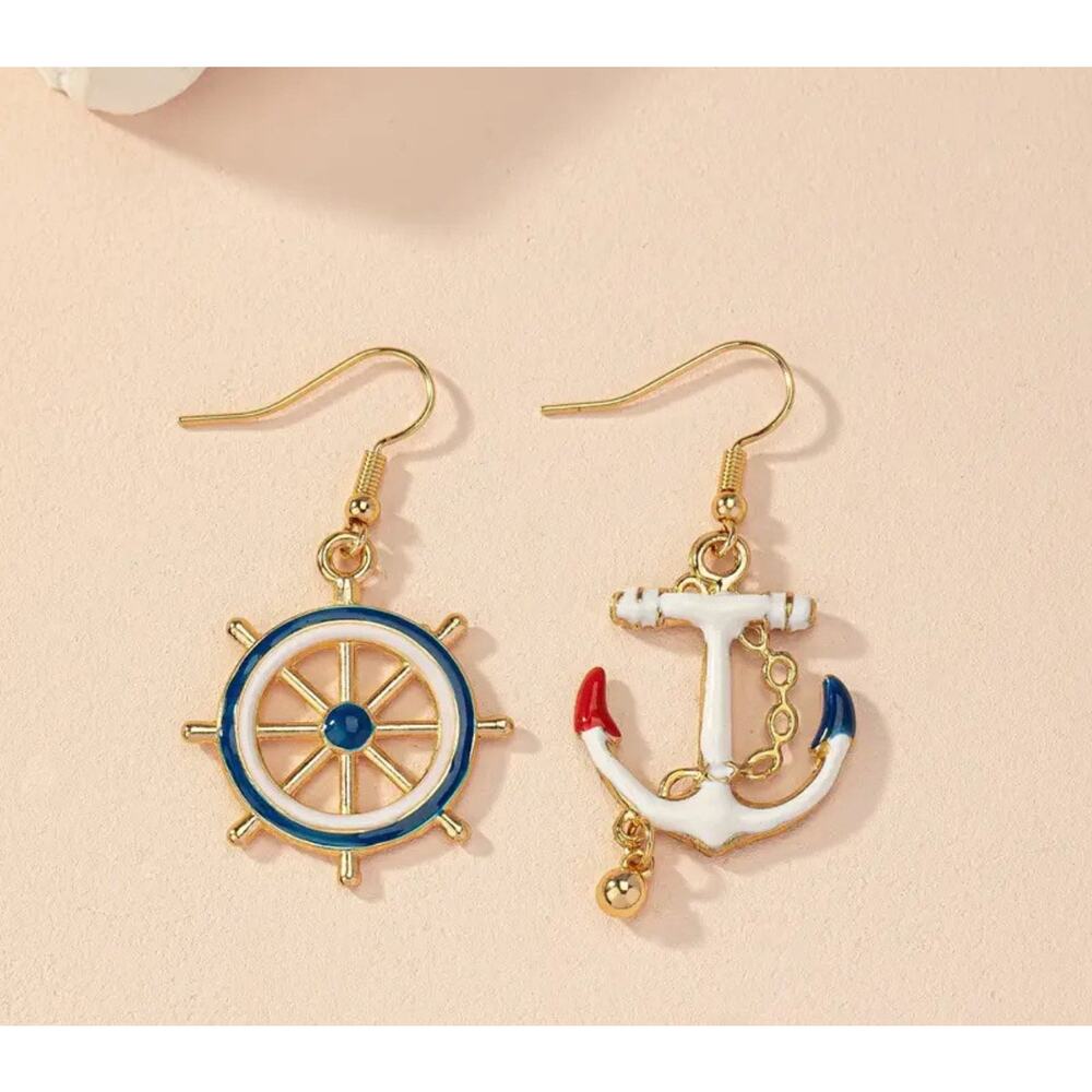Enamel Helm Anchor Design Asymmetric Dangle Earrings Ocean Vacation